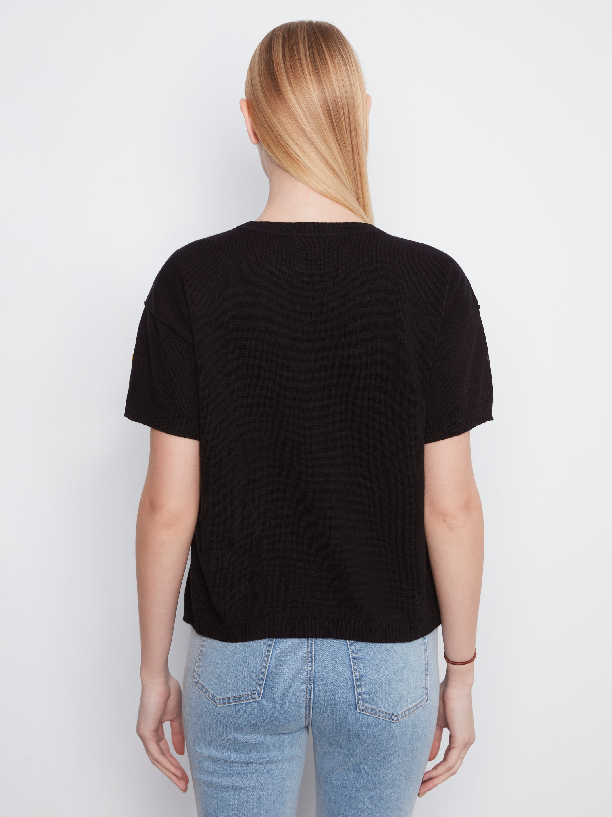 Embroidered Flowers Elbow Sleeve Sweater Black