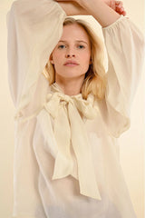 Bishop Sleeve High Neck Bow Back Blouse Off White