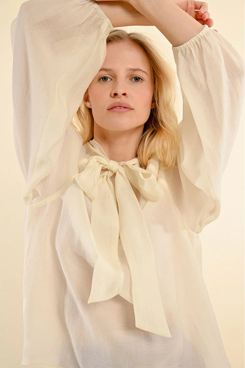 Bishop Sleeve High Neck Bow Back Blouse Off White