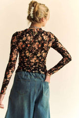 Floral Print Mesh Long Sleeve Layering Top Black + Orange