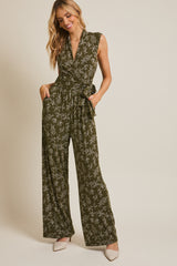 Sleeveless Wrap Tied Floral Jumpsuit Olive + White
