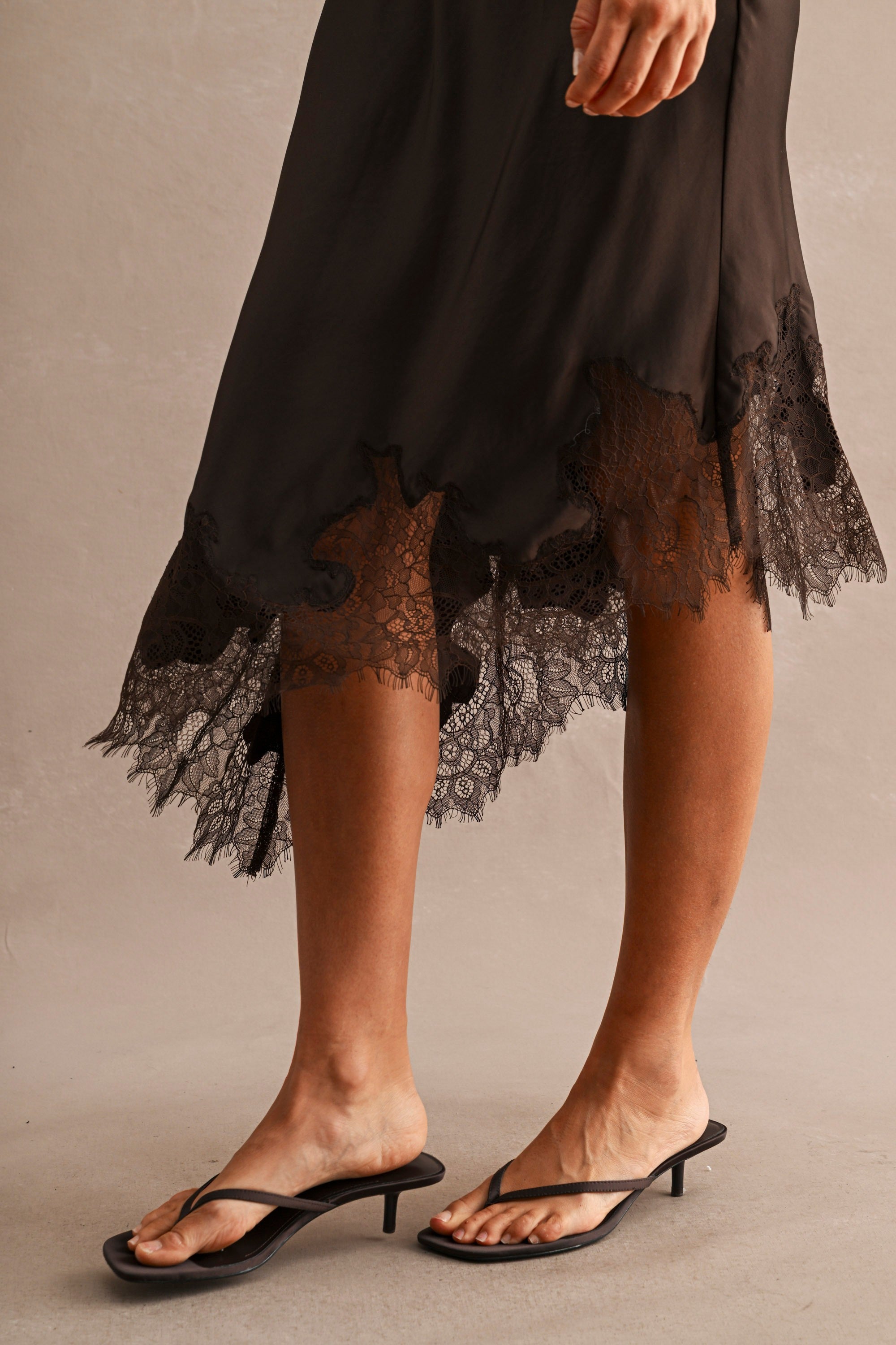 High Waisted Lace Trim Asymmetric Hem Midi Skirt Chocolate Brown