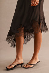 High Waisted Lace Trim Asymmetric Hem Midi Skirt Chocolate Brown