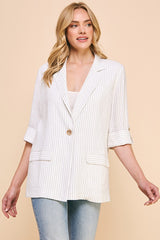Pinstriped 3/4 Sleeve Linen Oversized Blazer Off White Stripe