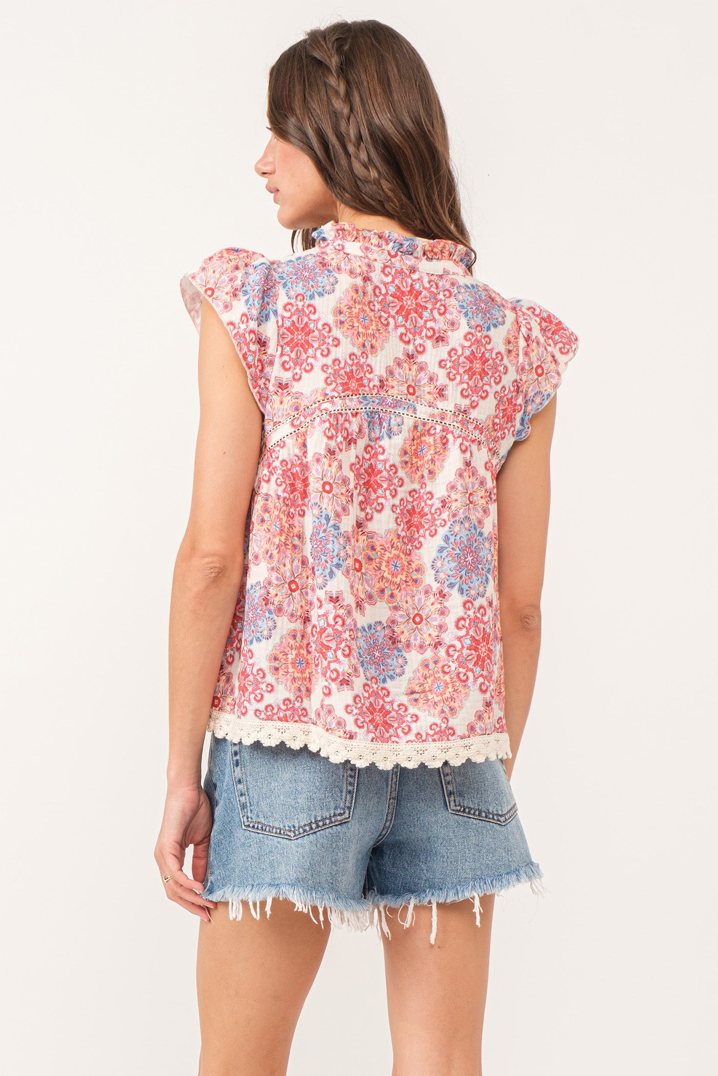 Viola Crochet Trim Henley Cap Sleeve Shirt Floral Medallion