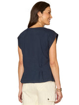 Embroidered Detail Pleated Peplum Top Navy