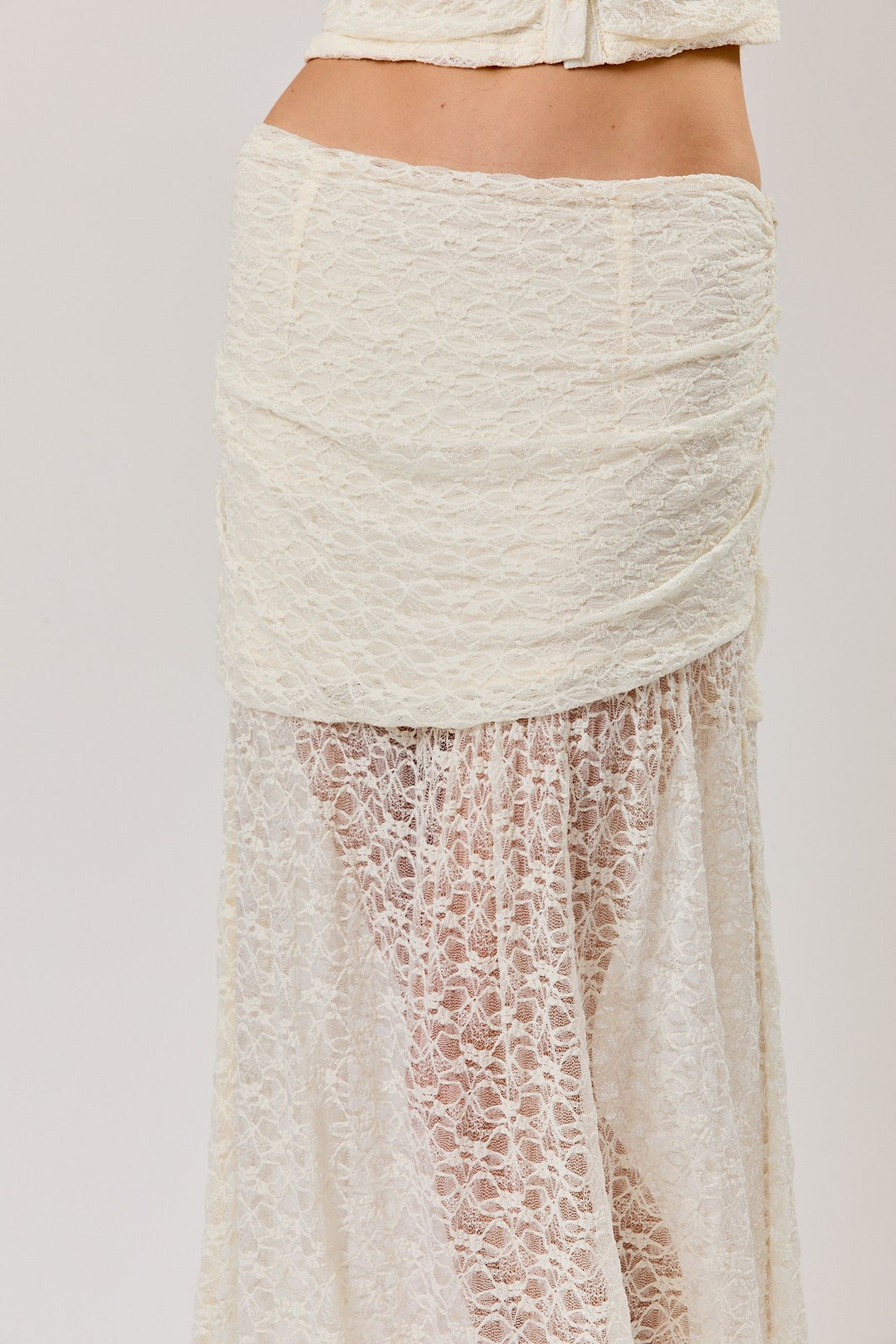 Ruched Asymmetrical Drop Waist Lace Midi Skirt Cream