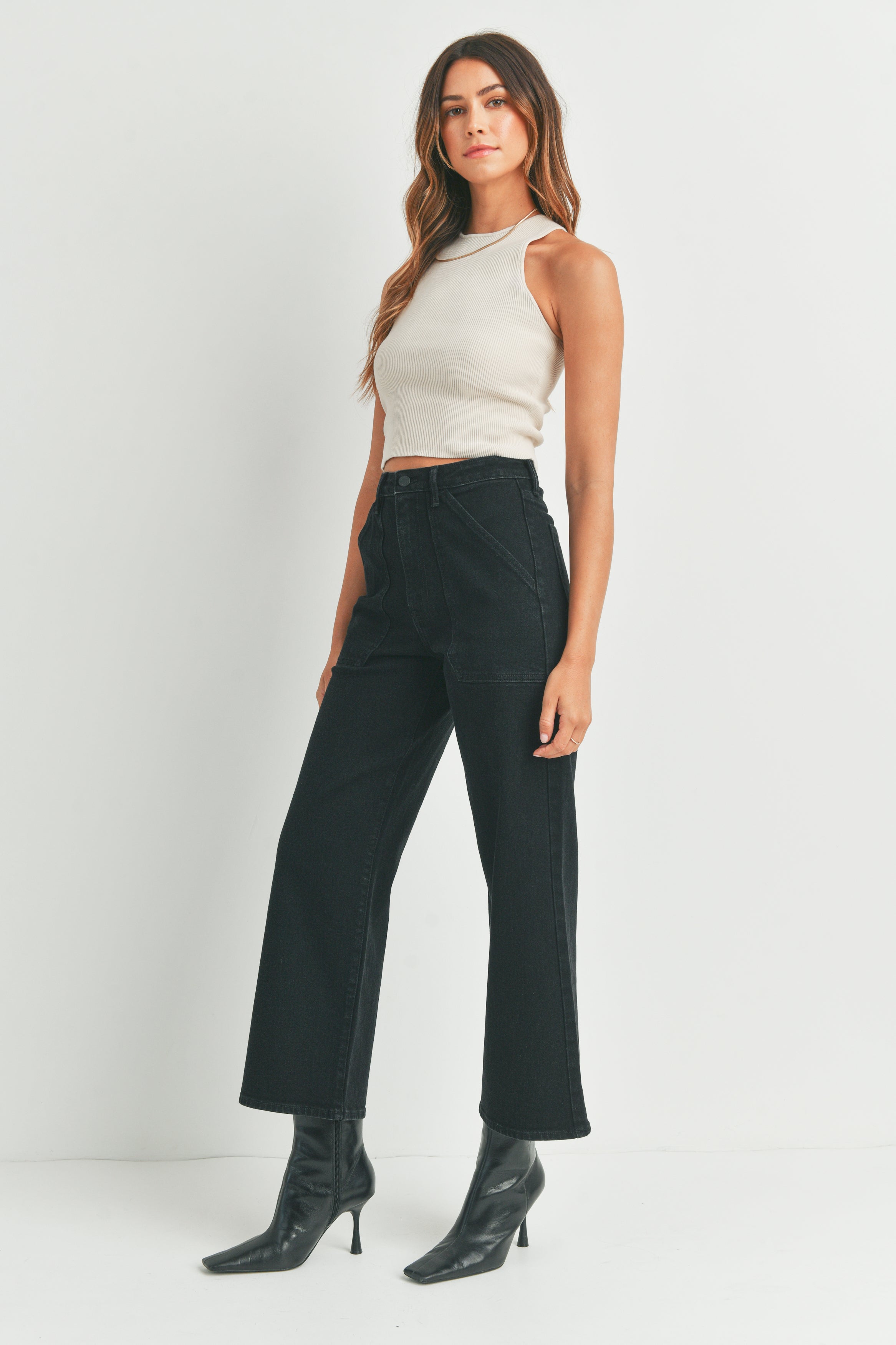 High Rise Cargo Pocket Wide Leg Jeans Black