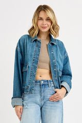 Oversized Cargo Pocket Cuffed Sleeve Denim Jacket Medium