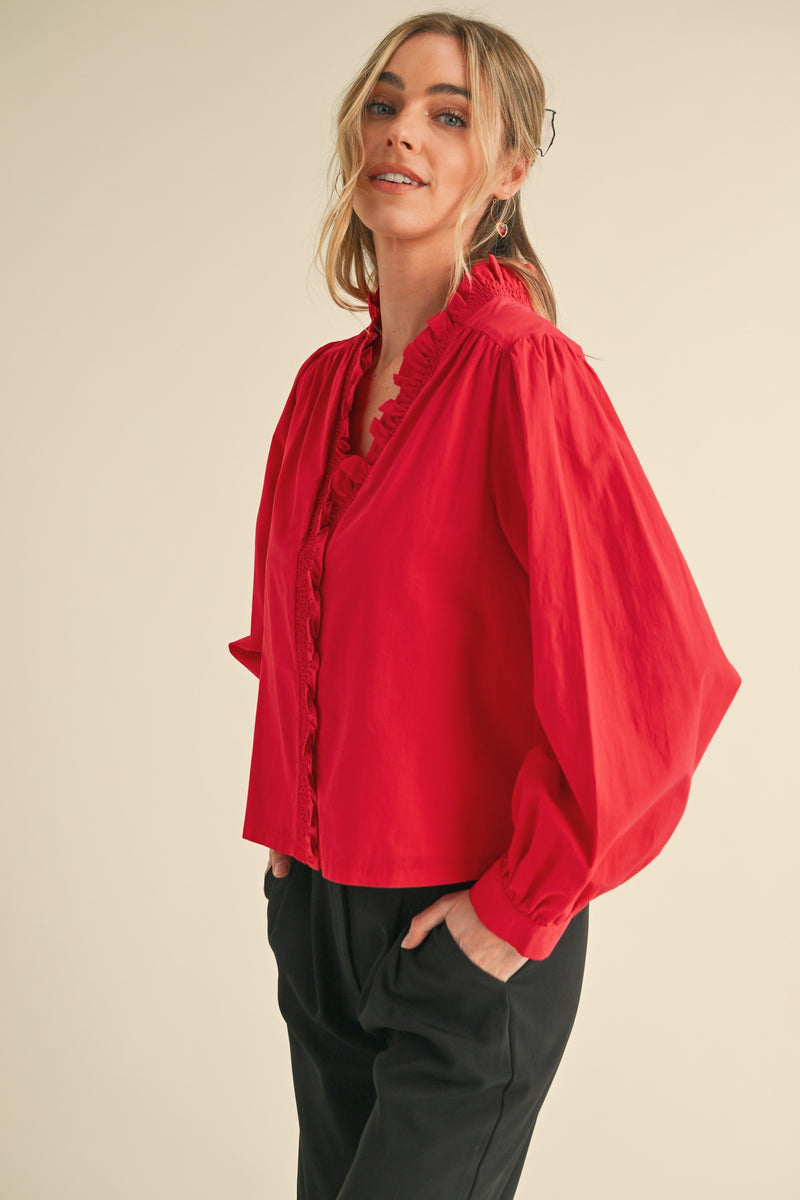 Ruffled Smock Vneck Blouse Red