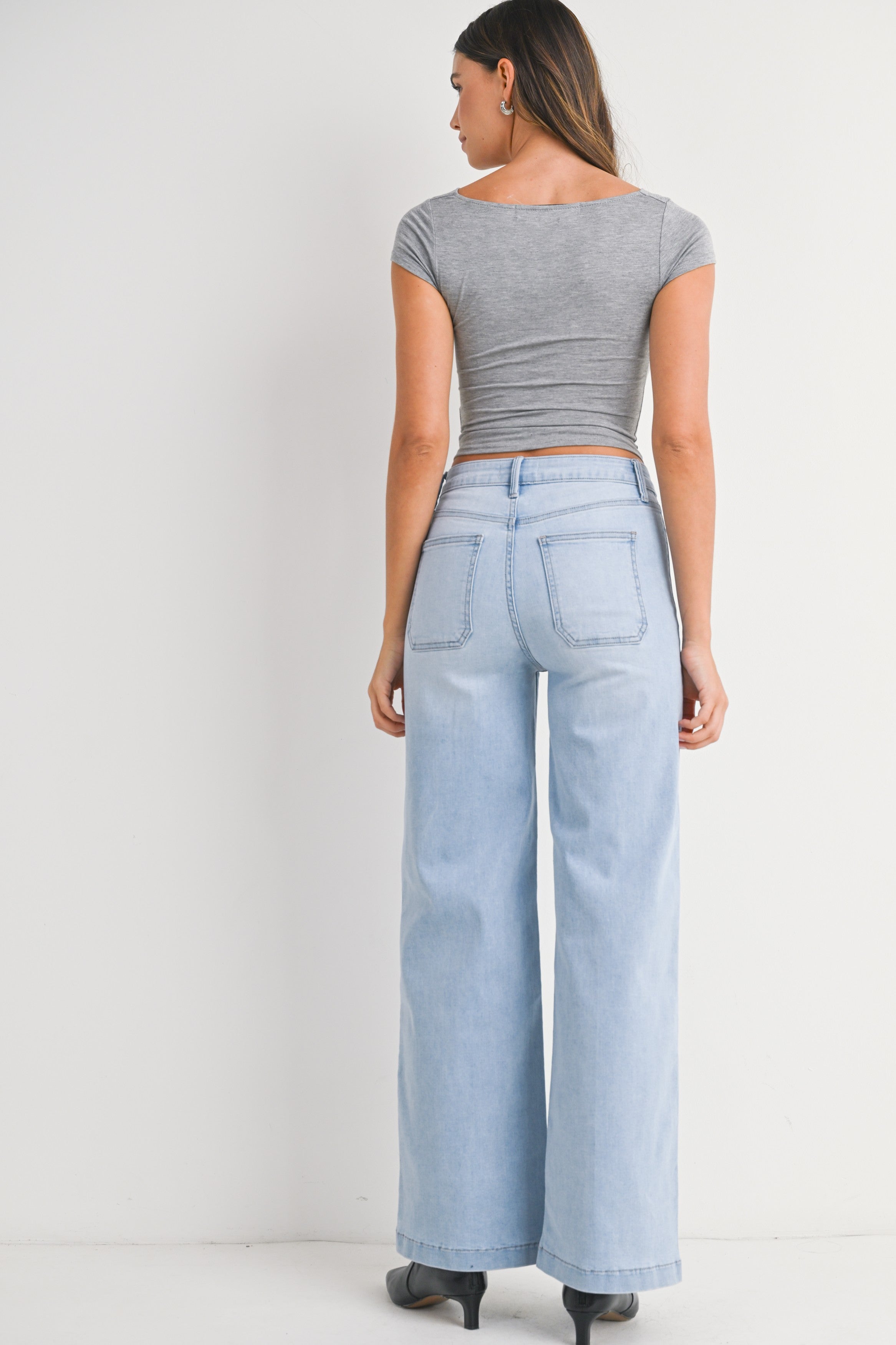 Mini Patch Pocket Wide Hem Flare Jeans Light Denim