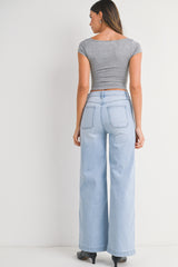 Mini Patch Pocket Wide Hem Flare Jeans Light Denim