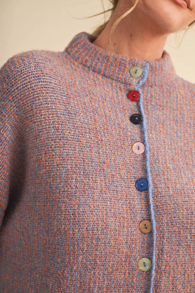Colored Buttons Two Tone Mock Neck Cardi Orange Blue