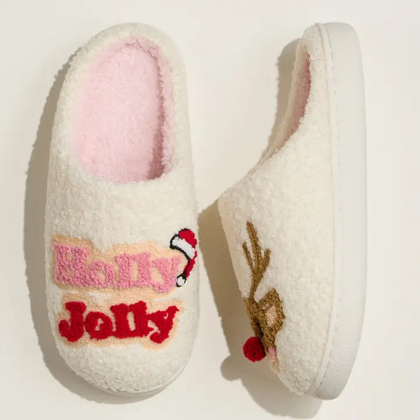 Holly Jolly Reindeer Slippers Ivory
