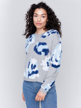 Fuzzy Jacquard Floral Crew Neck Sweater Light Grey