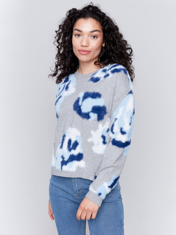 Fuzzy Jacquard Floral Crew Neck Sweater Light Grey