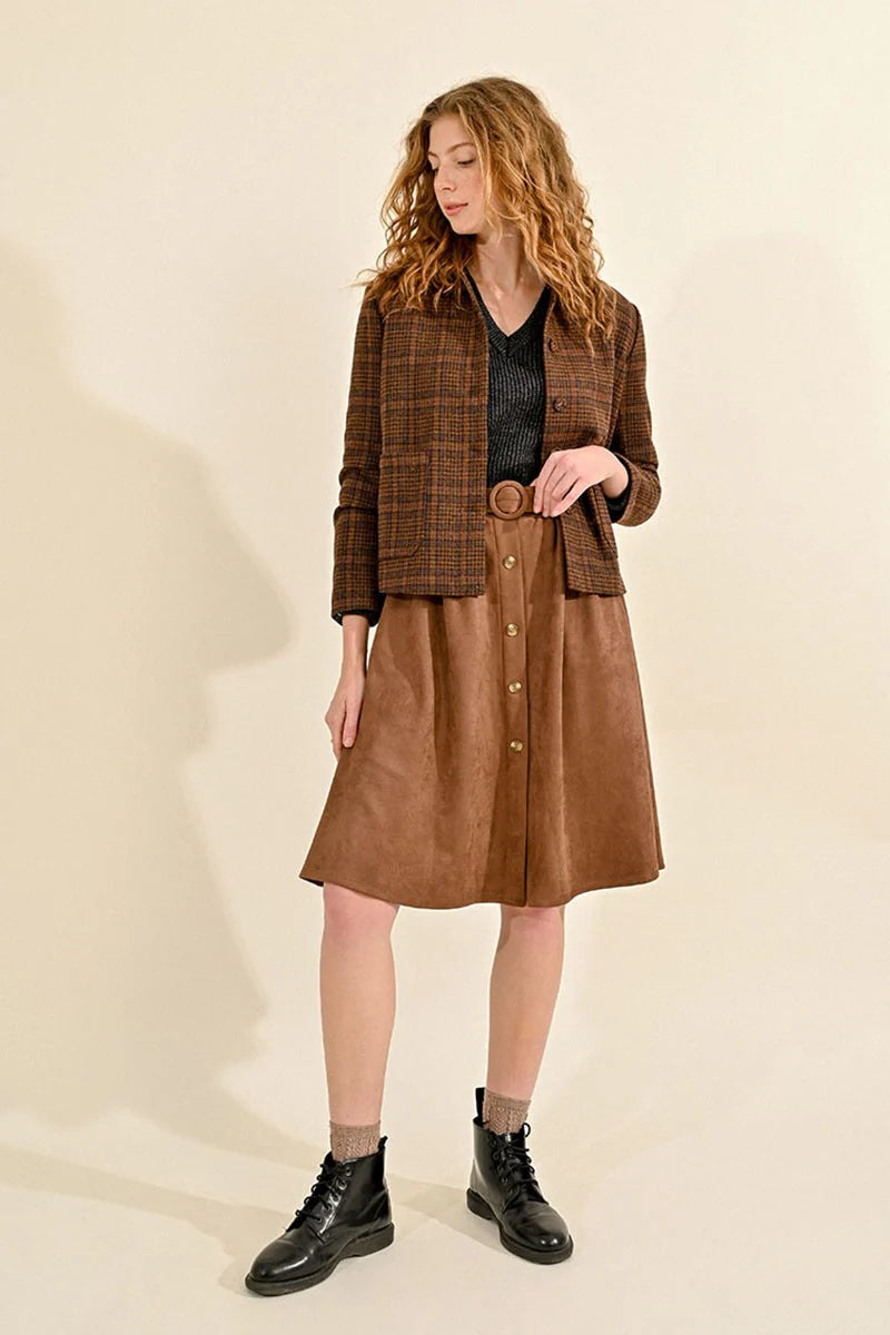 Suede Belted Button Detail Knee Length Skirt Chocolate