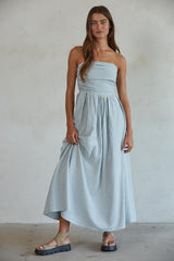 Striped Strapless Smocked Back Maxi Dress Dusty Blue