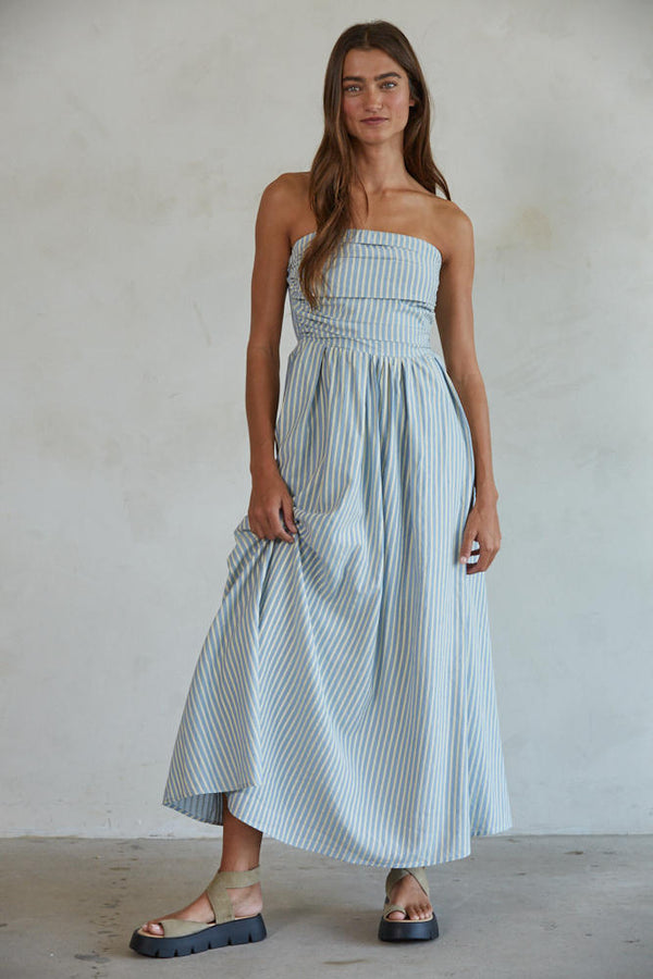 Striped Strapless Smocked Back Maxi Dress Dusty Blue