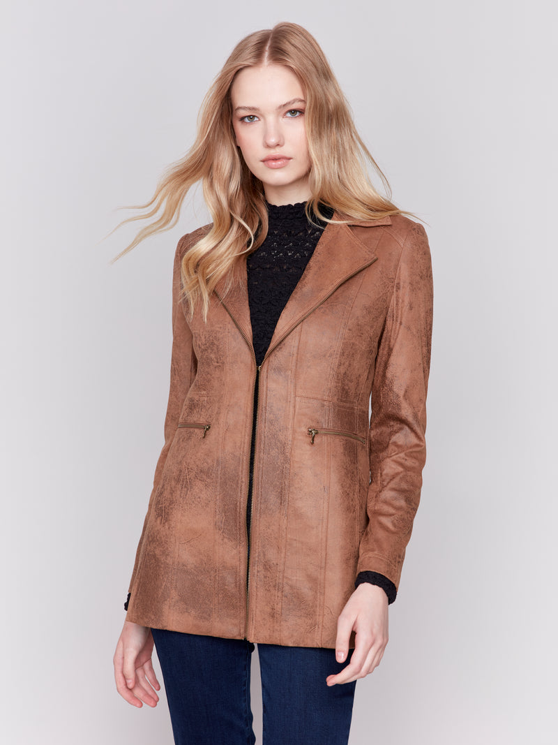 Vintage Texture Sueded Long Jacket Truffle