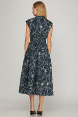 Drawn Botanicals Smocked Waist Zip Midi Dress Navy