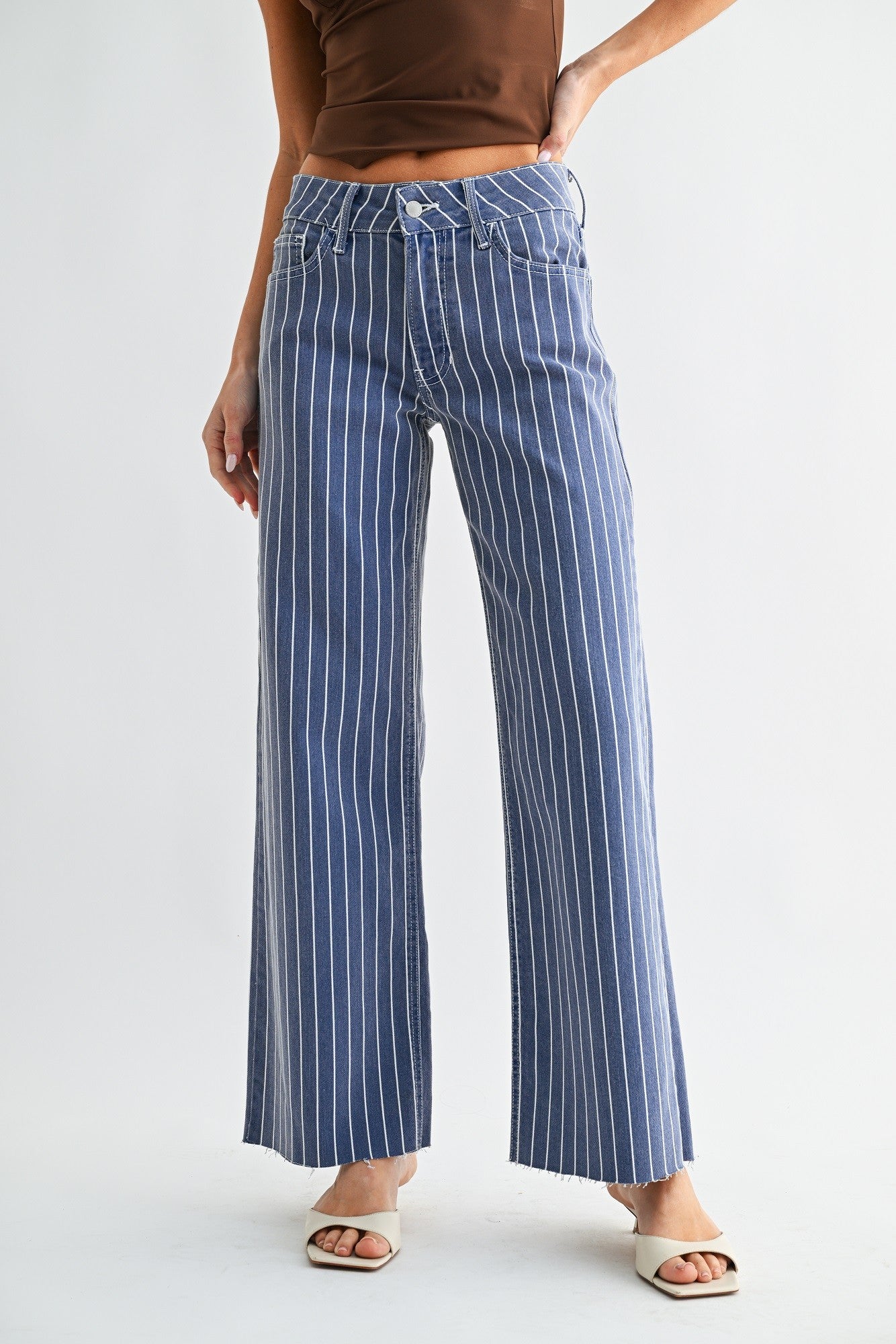 Longer Length Wide Leg Jeans Navy Stripe