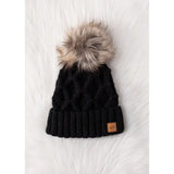 Diamond Cable Knit Pom Hat Black