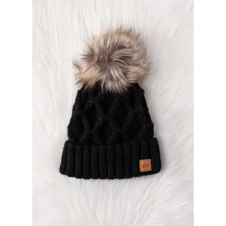 Diamond Cable Knit Pom Hat Black