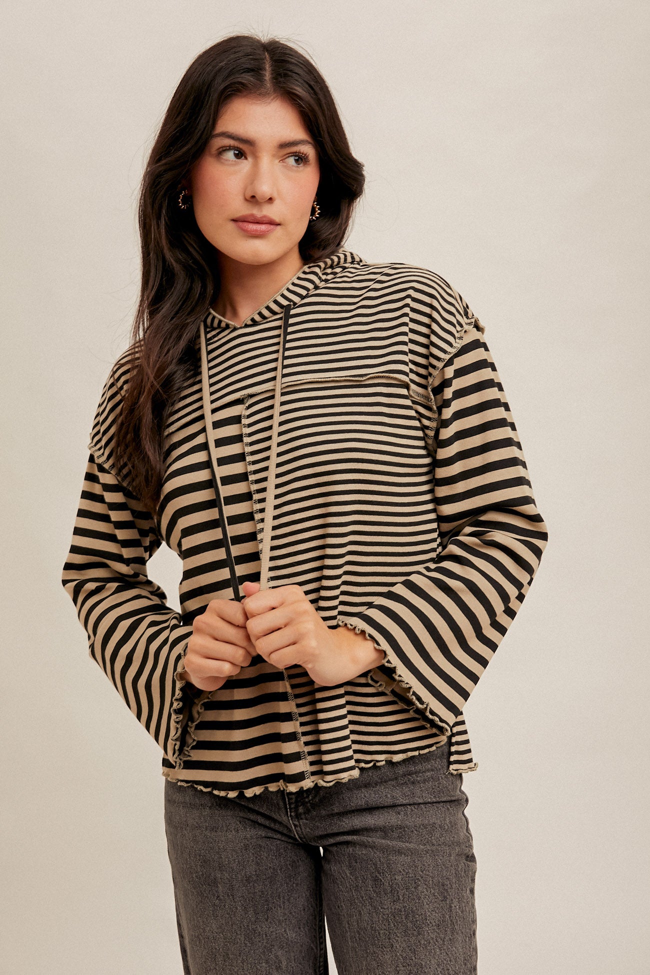 Mixed Stripe Lettuce Hem Hoodie Top Black