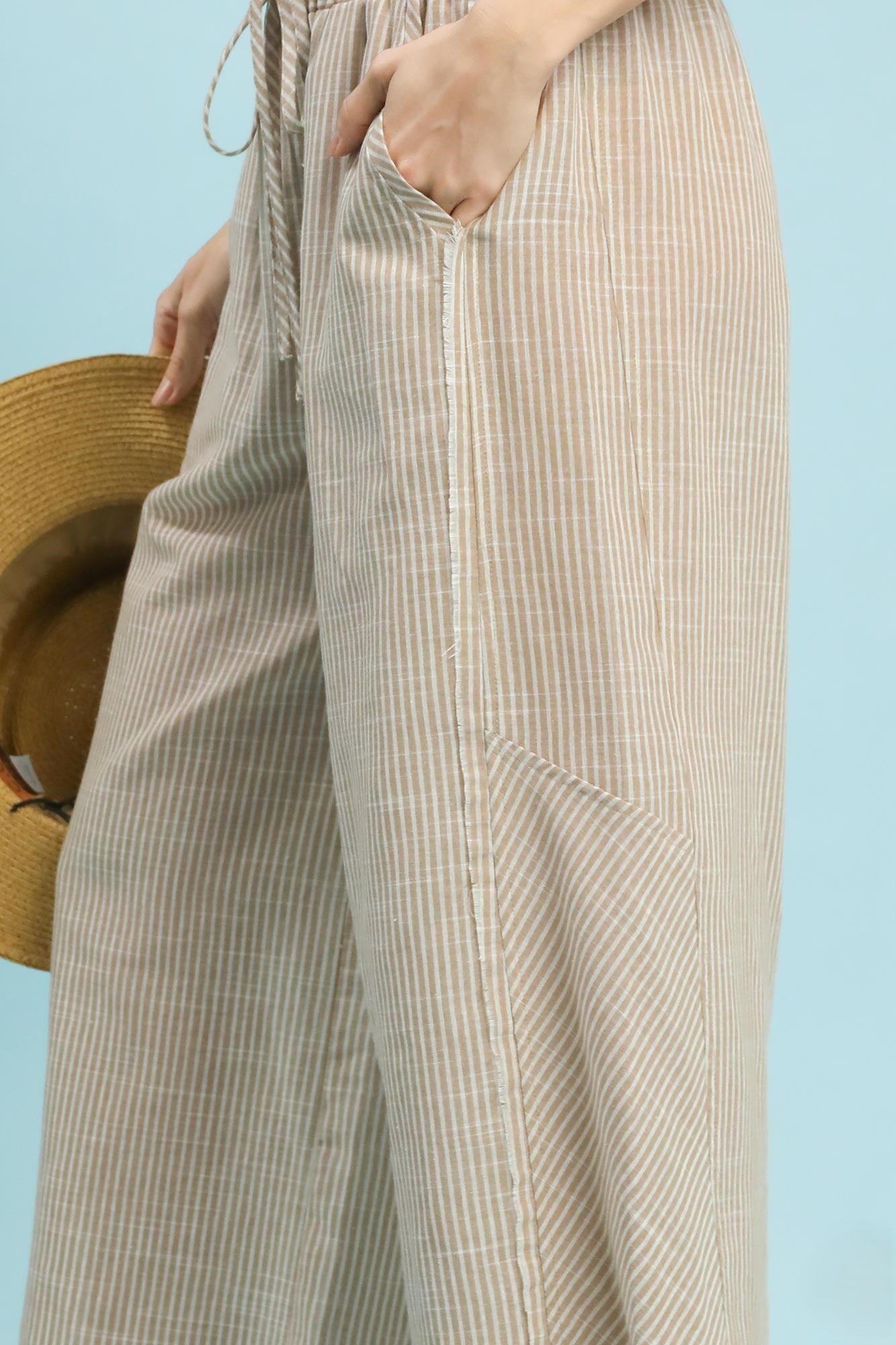 Linen Blend Striped Wide Leg Pants Tan