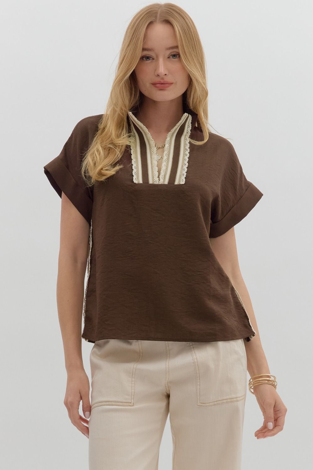 Crochet Edged Band Neckline Pullover Top Brown