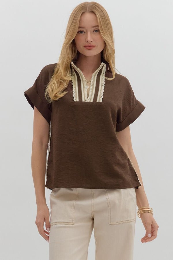 Crochet Edged Band Neckline Pullover Top Brown