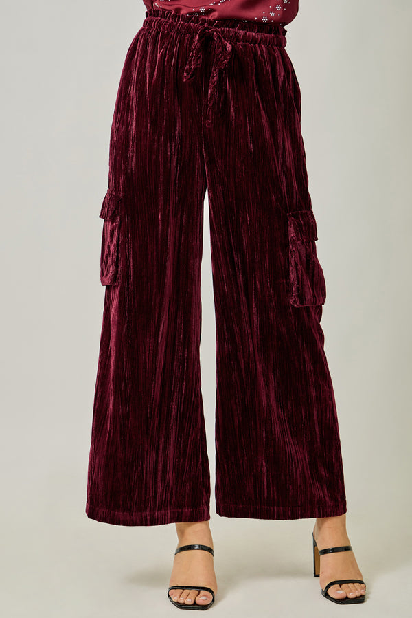 Velvet Wide Leg Cargo Pants Wine