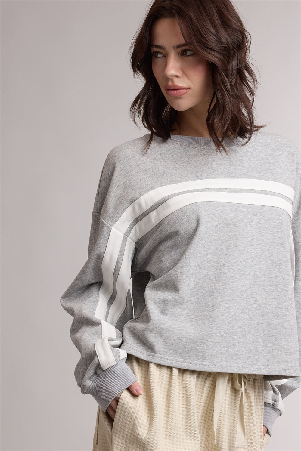 Double Stripe Panel Sweatshirt Heather Grey + White