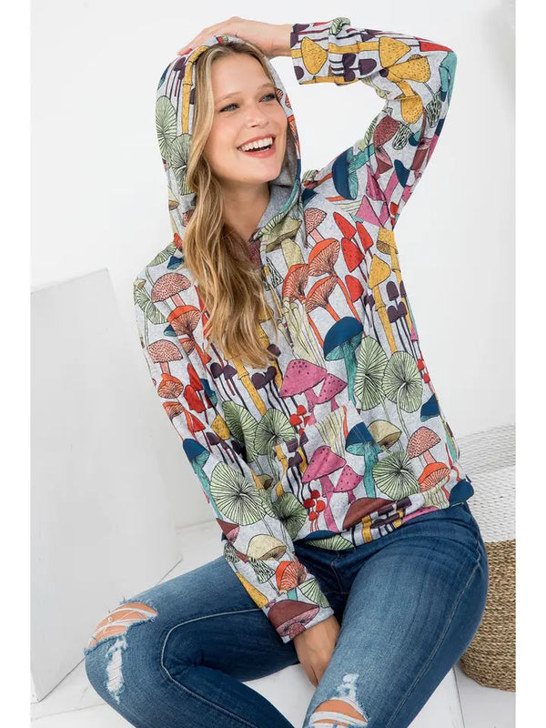 Whimsical Mushroom Print Hoodie with Pocket