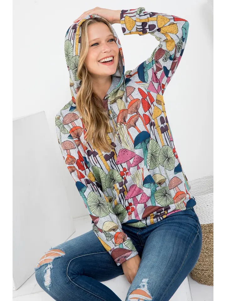 Whimsical Mushroom Print Hoodie with Pocket
