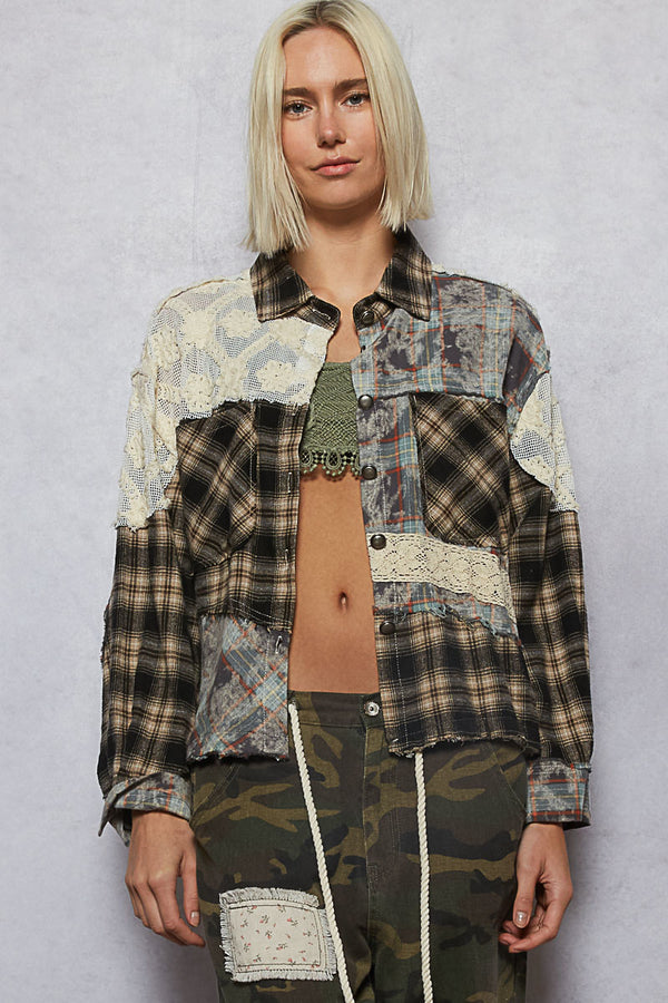 Relaxed Balloon Sleeve Plaid Jacket Black/Teal