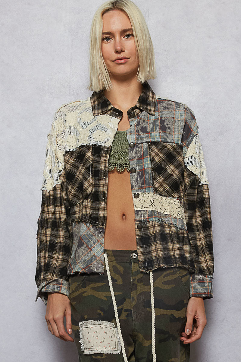 Relaxed Balloon Sleeve Plaid Jacket Black/Teal