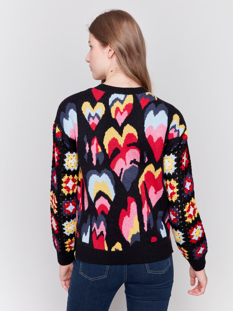 Jacquard Layered Hearts Crew Neck Sweater Black