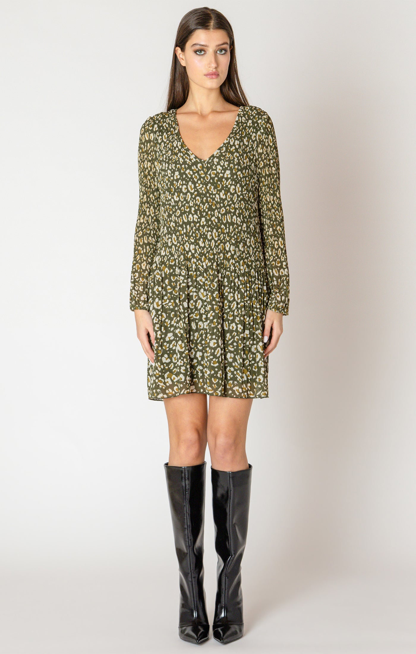 Pleated Detail Printed Mini Dress Green Animal