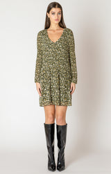 Pleated Detail Printed Mini Dress Green Animal