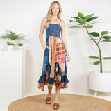 Ruffled Patchwork Denim Inserts Midi Dress Denim