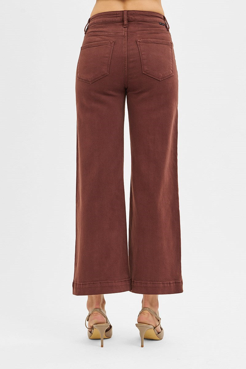 Tummy Control High Rise Crop Wide Pants Choco Brown