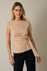 Round Neck Waist Tie Folded Sleeve Top Taupe