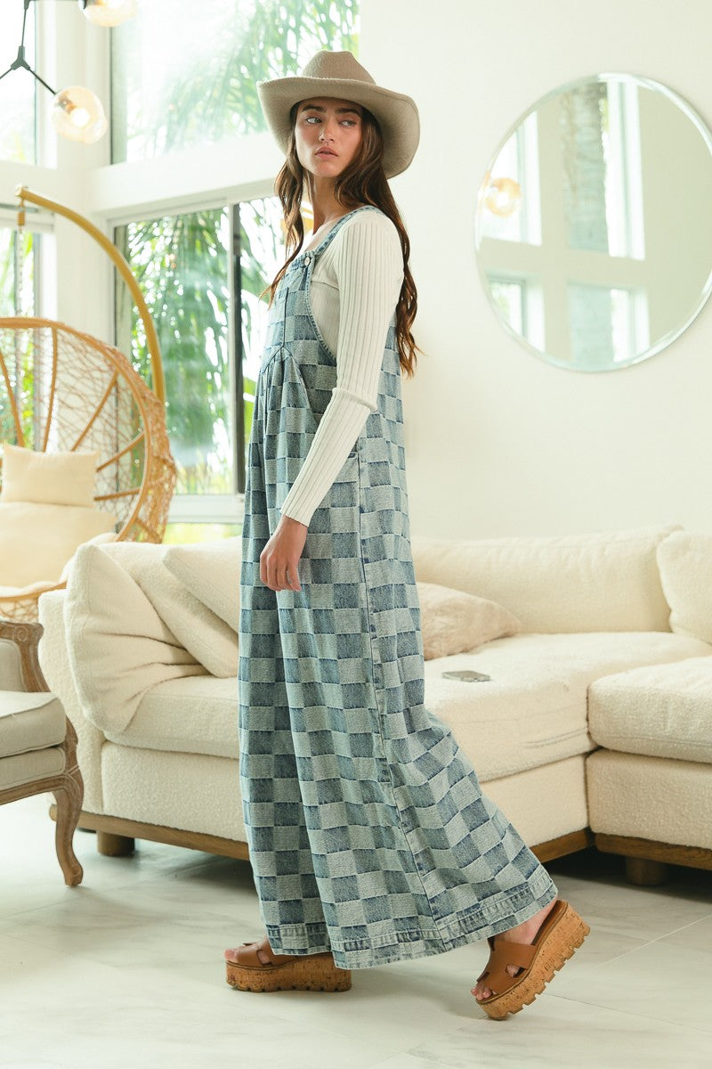 Washed Vintage Checker Wide Leg Overalls Denim