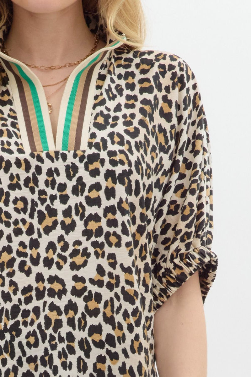 Leopard Print Stripe Band High Neck Top Camel