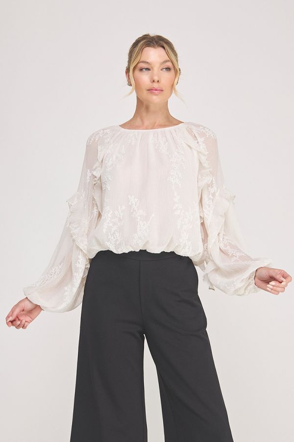 Embroidred Textured Ruffle Detail Blouse Off White