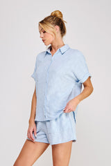 Breezy Jacquard Button Up Short Sleeve Shirt Sky