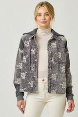 Flower Emb. Waffle Corduroy Mix Hoodie Jacket
