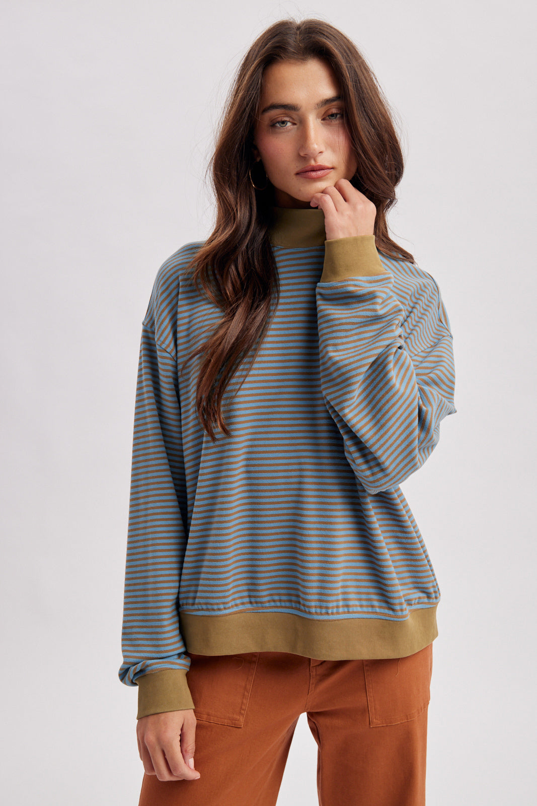 Striped Mock Neck Knit Top Camel + Blue